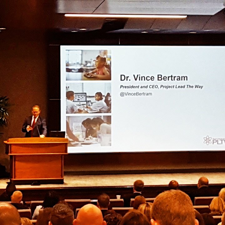okstemteacher's tweet photo. Spending my day in OKC at the Oklahoma PLTW conference. Starting off w/ a keynote from Dr. Vince Bertram- President and CEO of PLTW. #PLTW https://t.co/nSbnld8E9Q