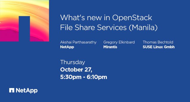 NetAppUK's tweet photo. What's new in OpenStack File Share Services? Find out at 5:30pm @OpenStack Summit: https://t.co/oQ7U39ozwk #NetAppOpenStack https://t.co/myhURdo9S0