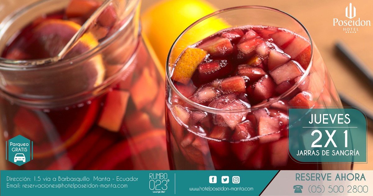 Ven a Hotel Poseidon y disfruta de una deliciosa Sangría de After Work, los jueves son de 2x1 en Jarras desde las 5pm a 9pm..