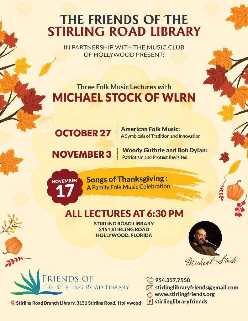 Michael Stock's Folk series kicks off today at 6:30! Come join us! 
<a href="/WLRN/">WLRN Public Media</a> <a href="/BrowardLibrary/">Broward County Library</a>