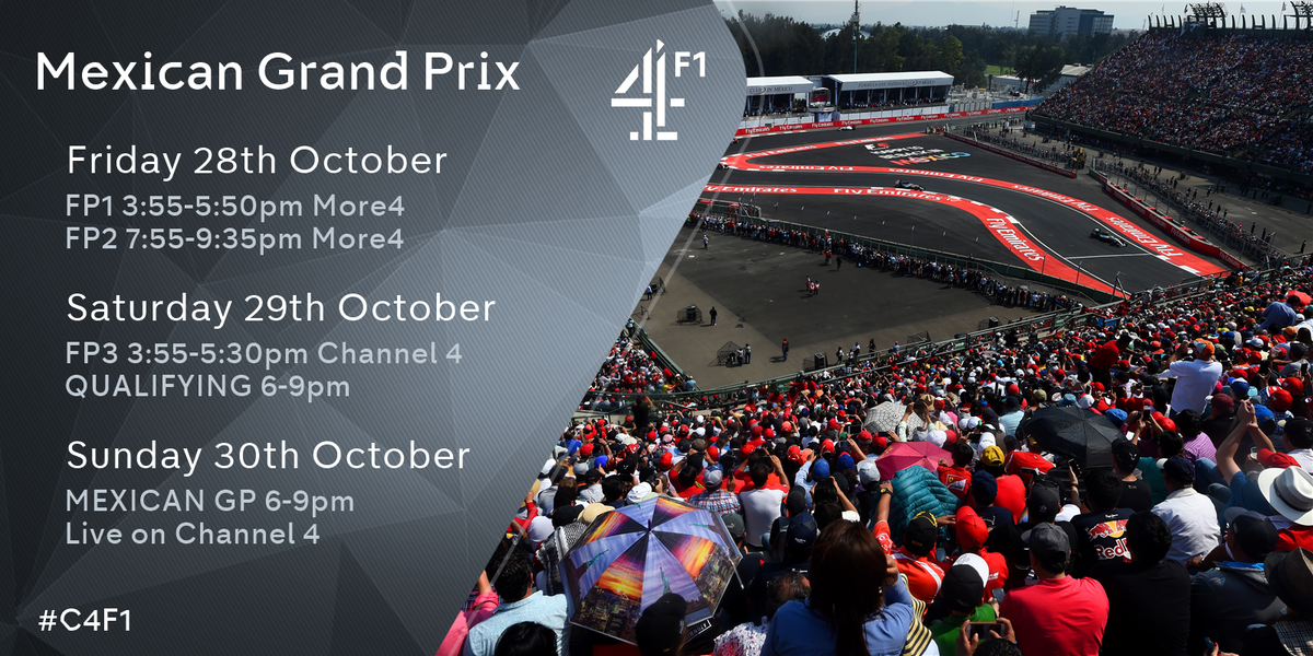 C4F1's tweet photo. 🇲🇽 It's party time. Join DC, Steve, Eddie, Lee, Ben and Karun for the #MexicoGP LIVE on @Channel4 this weekend #C4F1 #F1esta 🎺 https://t.co/BDxDGKpLXp