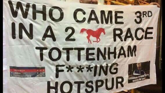 Footballtweet's tweet photo. The banner Leicester fans are taking to Tottenham away. 😂👏🏼 https://t.co/4s3mYn1ai2