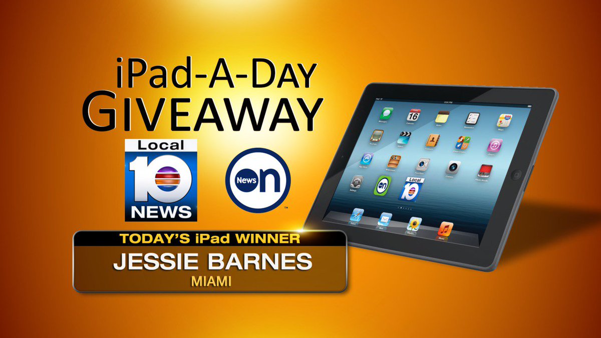 Congrats to Jessie Barnes, today's winner in the Local 10/@WatchNewsOn iPad-A-Day Giveaway bit.ly/1MWDDY7?utm_me… https://t.co/098ghYsBsg