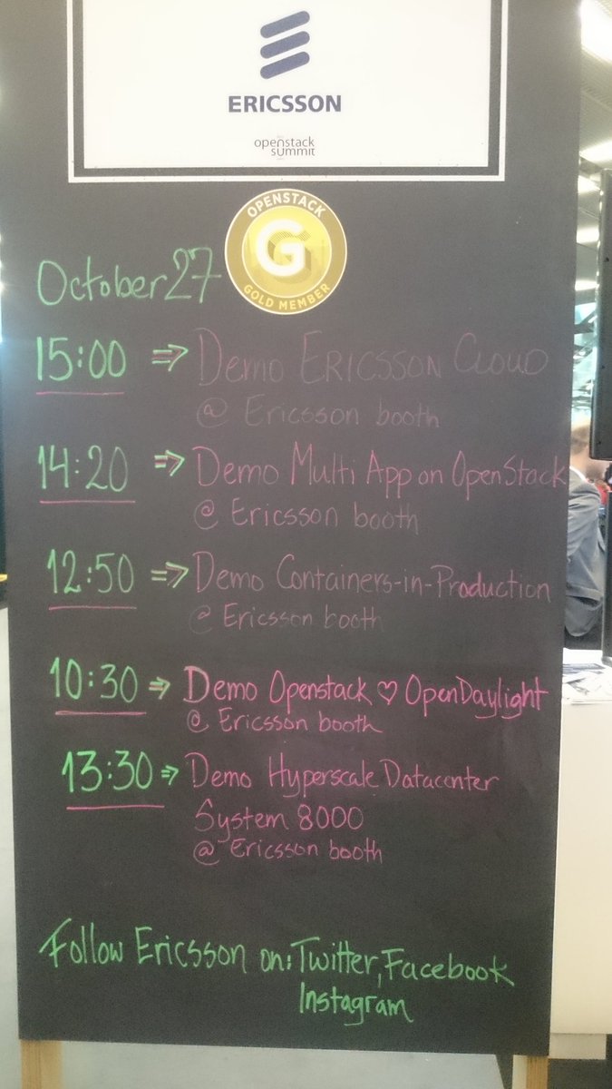 ekl249's tweet photo. Ericsson demo schedule today at our booth B4. If you miss any of them just come by anytime. #EricssonIT #Openstack @OpenStack #NFV #cloud https://t.co/KF1mcPGoUM