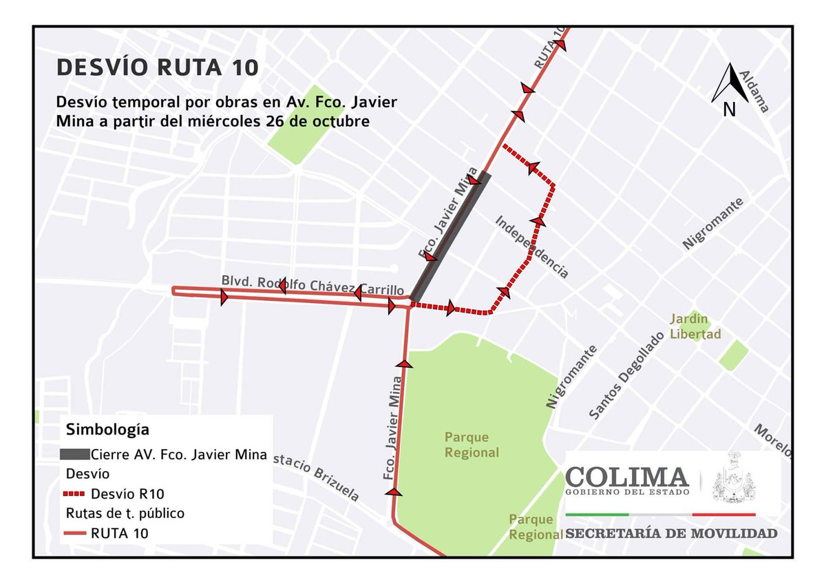 subsemovcolima's tweet photo. Desde el 26 de octubre la calle Javier Mina permanece cerrada y se desvían las rutas 10 y 11 del #TransportePúblico https://t.co/ORknNH4MBk