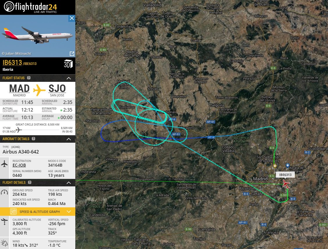 AirportWebcams's tweet photo. Iberia #IB6313 Madrid-San Jose (A340 EC-IOB) has a problem & has burned off fuel. Now landing back at MAD. Reason not yet known. https://t.co/NBY2S7TTDZ
