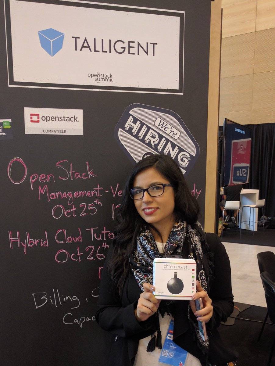 talligent's tweet image. Alejandra @jimefloresp happy winner of @talligent Chromecast giveaway #OpenStackSummit at booth D22.