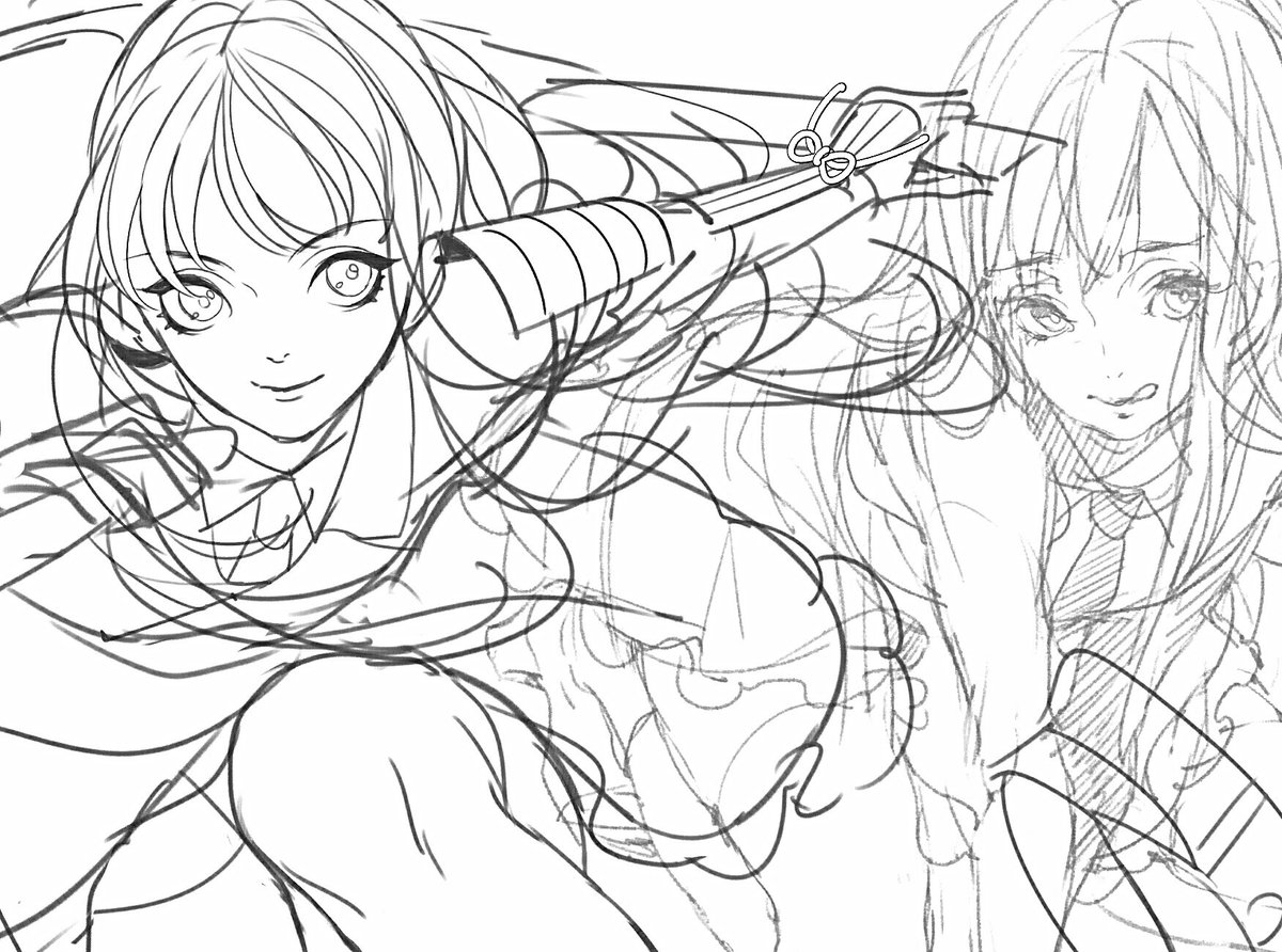 とうらぶ始めてすぐの頃に描きかけて放置してた乱ちゃん。顔周りだけ残して復活を試みる…つもりが結局顔も描き直すことに。右側の薄い方が1年半前の下絵です 