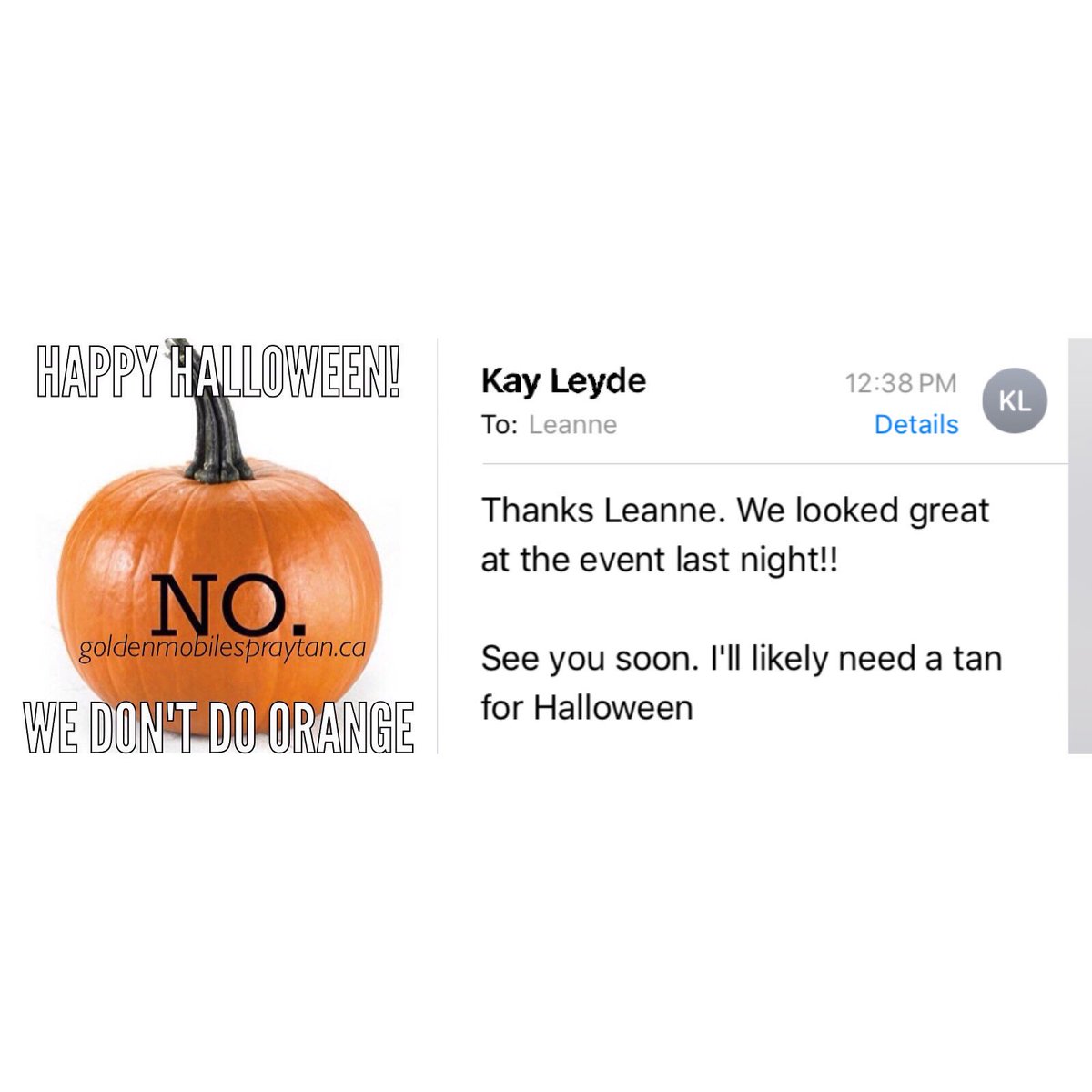 goldentanyyc's tweet photo. No Orange Tans here! Get your healthy natural organic spray tan! #halloween #spraytan #yycspraytan #calgarytan https://t.co/jIq4cKYbBl
