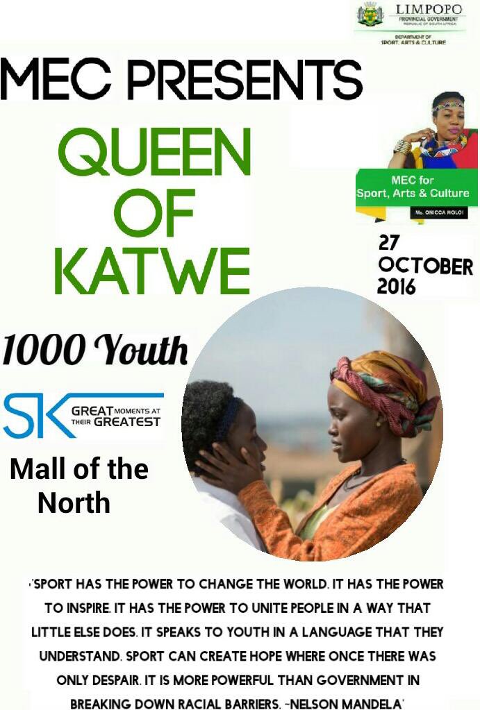 funkneekirk's tweet photo. Limpopo's MEC for Sport, Arts and Culture is today taking young people to watch "Queen of Katwe". Nice one @tp1_moloi . Cc @FloMasebe https://t.co/d2O8xjmUBn