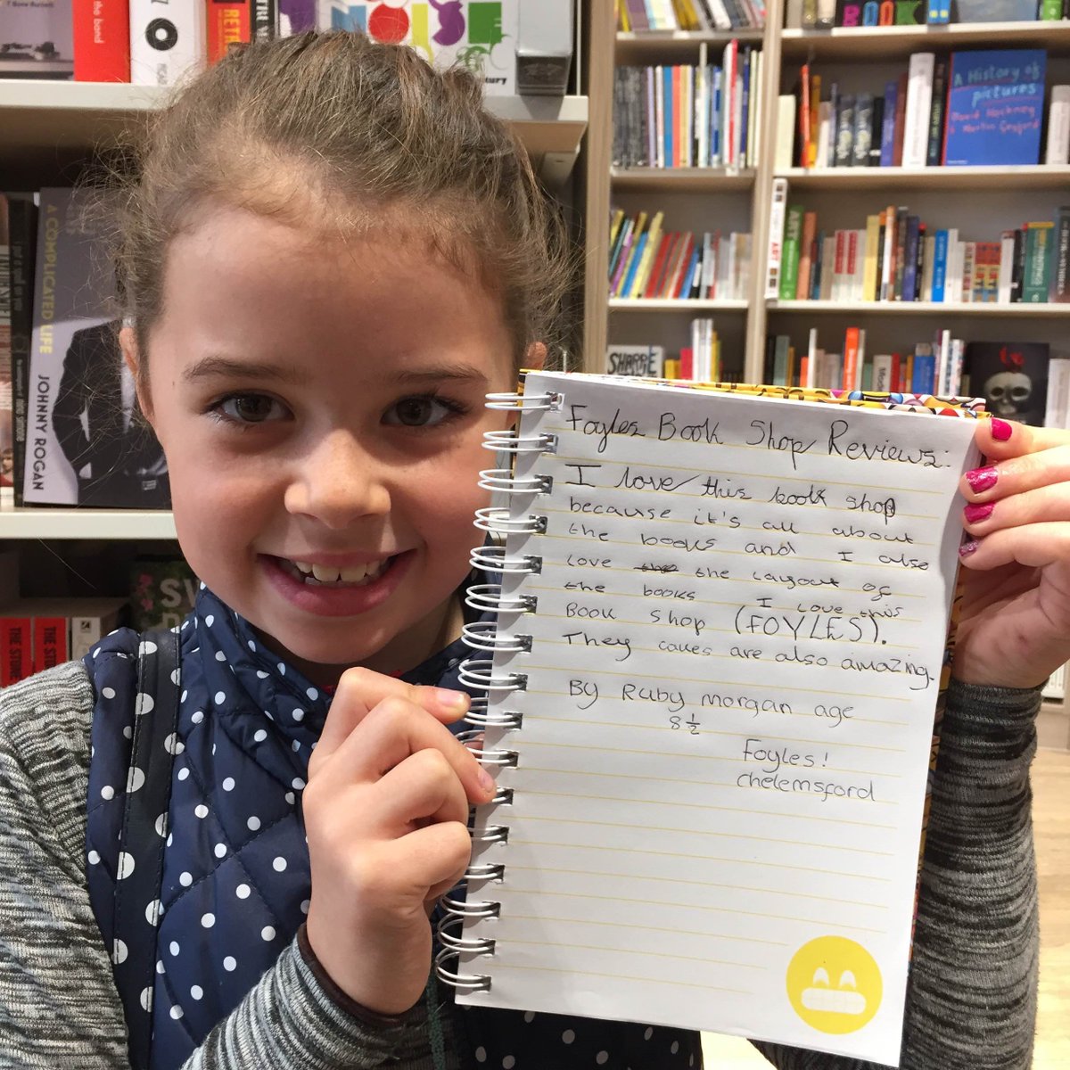 Foyles's tweet photo. Our #Chelsmford shop was over the moon to receive this glowing review from Ruby, age 8 1/2 years Thank you so much Ruby! 💕 https://t.co/jzntsT04JK