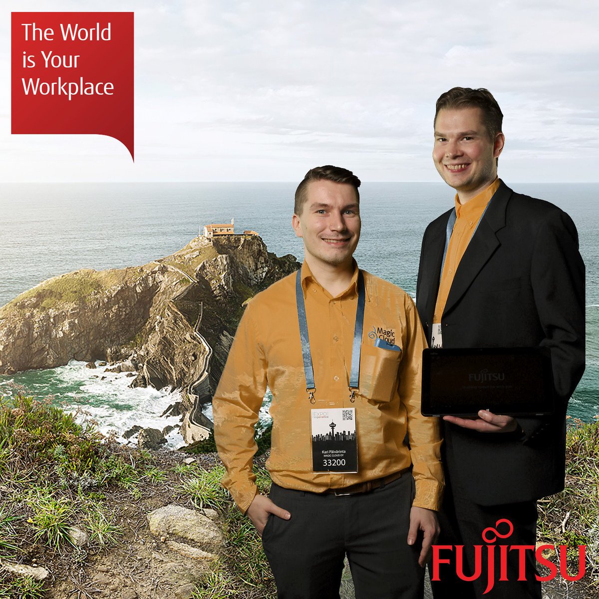 MagicCloudFi's tweet photo. #Keltapaidat @_Karski_ ja @khaapavuori vierailemassa #Fujitsu'n luona kivoissa maisemissa. #AlsoExpo2016 https://t.co/ctfjxKkLIh