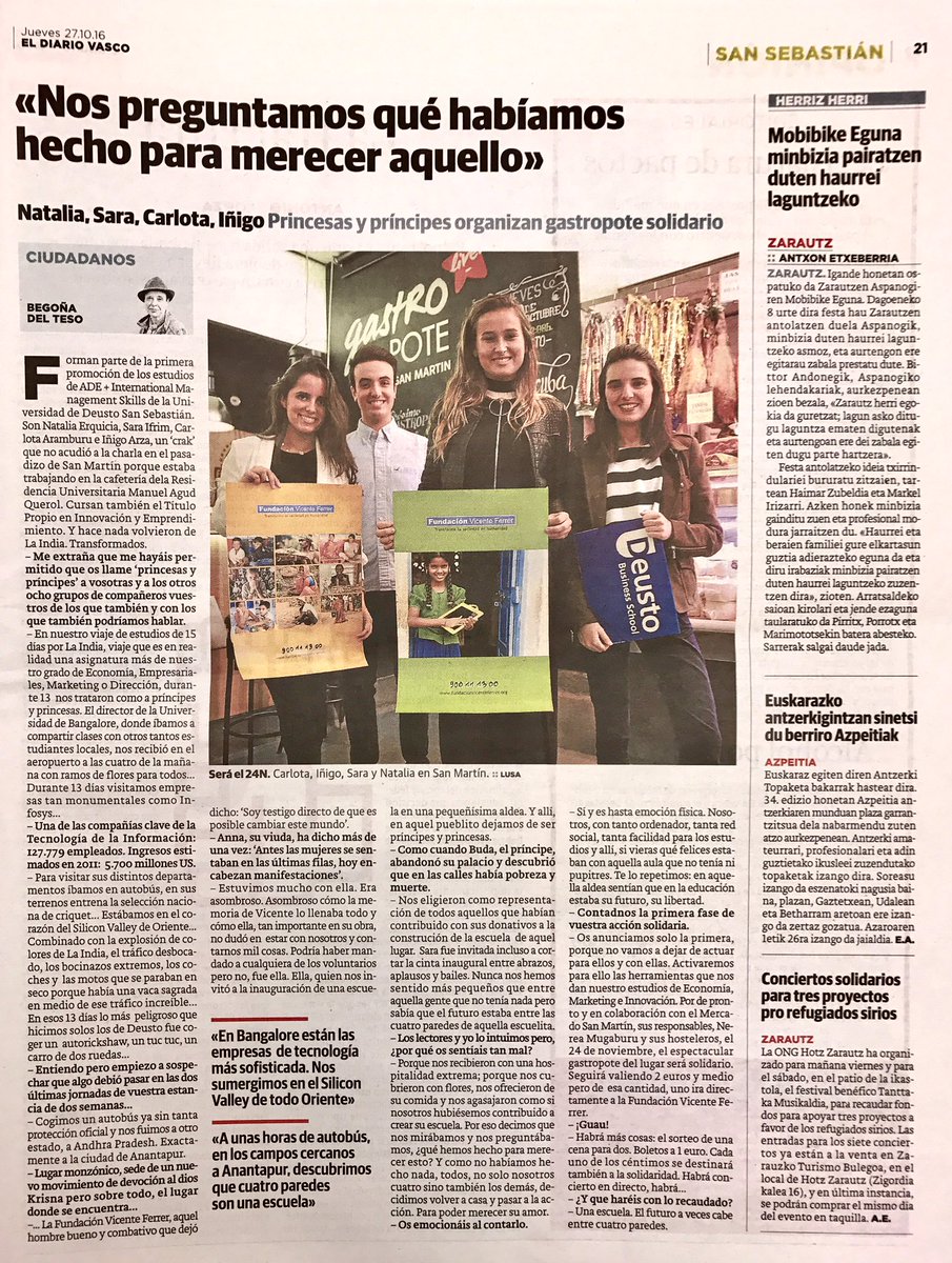 InigoArza's tweet photo. Estudiantes de @deustoDBS organizan Gastropote solidario el 24 de Noviembre en San Sebastián a favor de @FVICENTEFERRER #Namaste 🙏🏽 https://t.co/elalYRfk8m