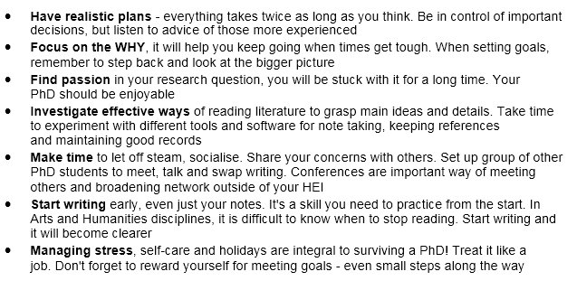 EDGEFellowships's tweet photo. Final theme of today: implementation. From @Vitae_news 'top tips for starting a phd or research project' - these apply to all research plans https://t.co/3WuOwzKfI5