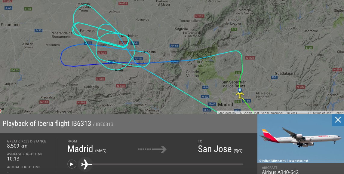 aviationnews24h's tweet photo. Diversion: @Iberia #IB6313 from MAD-San Jose has returned to Madrid after burning fuel. Reason unknown. https://t.co/pL0WNC2CKs