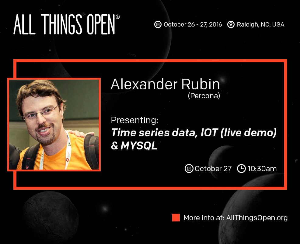 Percona's tweet photo. See a live demo of using #IoT sensors & storing time series data in #MySQL & #MongoBD w/ Alex Rubin https://t.co/rwfKgSKuJf @AllThingsOpen https://t.co/bUevC9T1OI