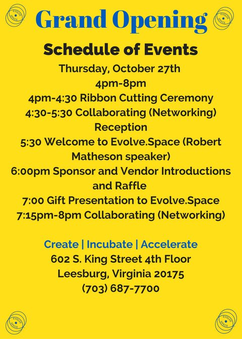 EvolveSpace's tweet photo. Today is the big day!  Don't forget your business cards for networking and the raffle.  
See you soon! #Evolve #GrandOpening https://t.co/aI5UCRotq9