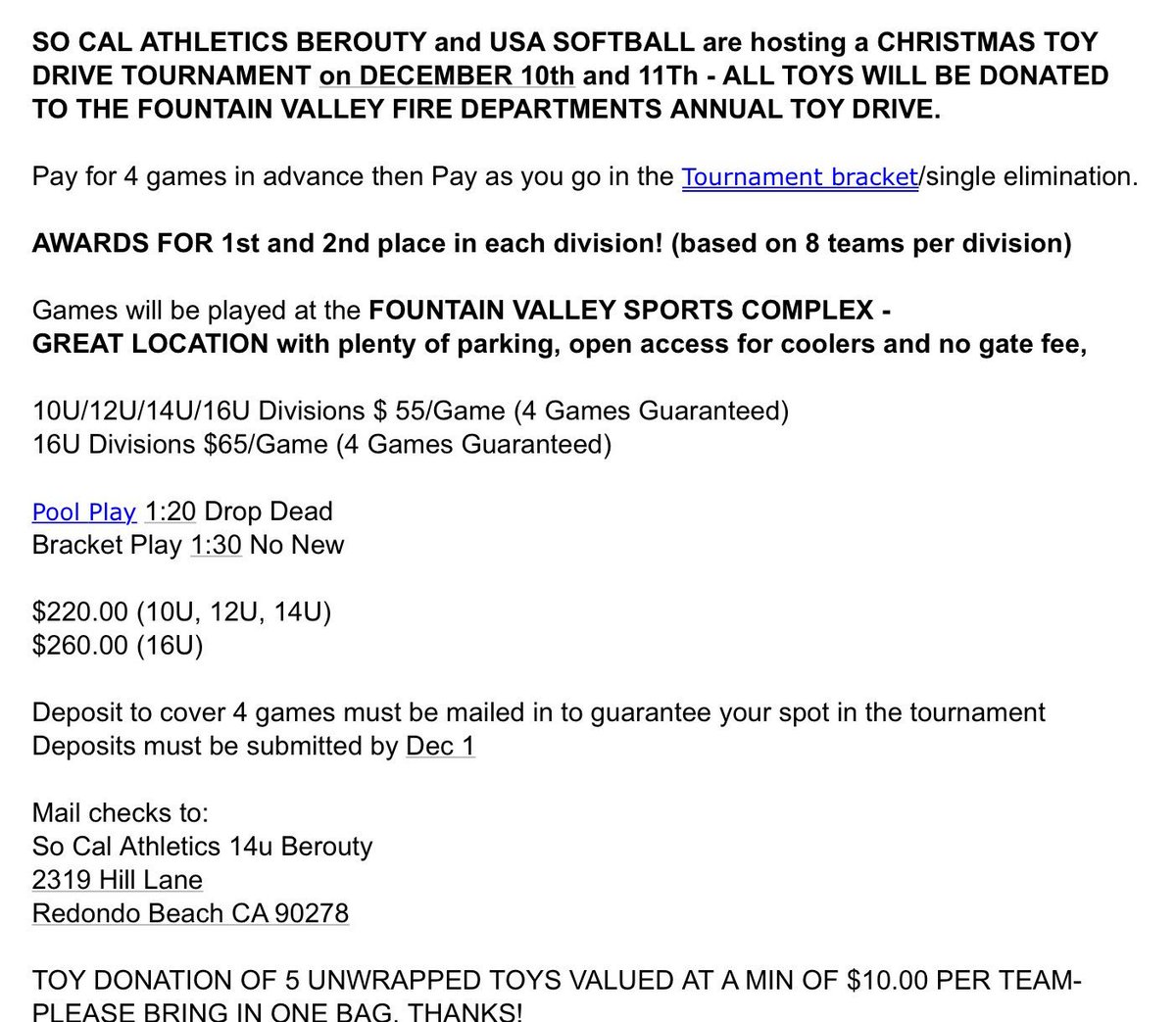 EFP_Solutions's tweet photo. Christmas toy drive tournament - great way to finish up 2016! #greatfields #compete #Fastpitch https://t.co/CDTGCa54A7