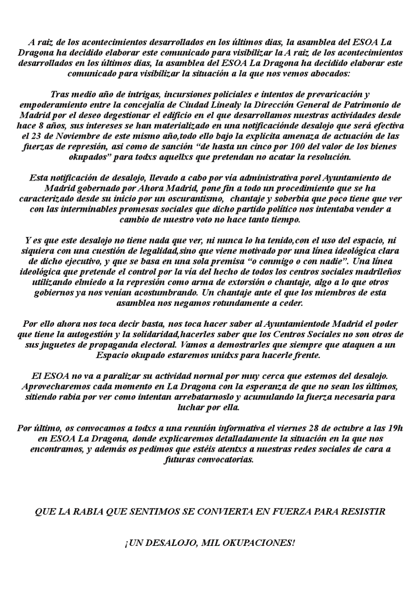 dragonaesoa's tweet photo. Comunicado de la asamblea del ESOA La Dragona. Máxima difusión. #LaDragonaEnLucha https://t.co/jKJNebqzp9