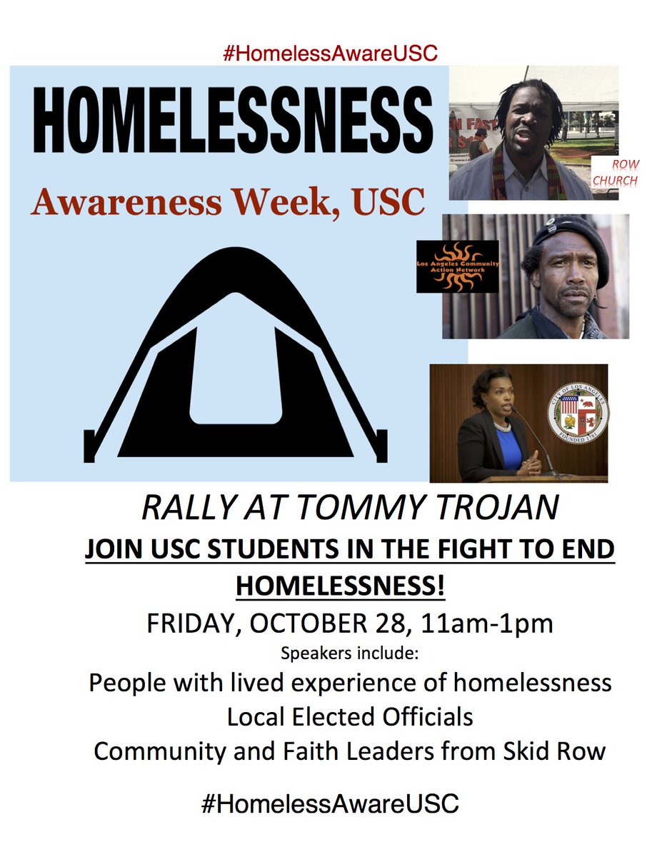 RALLY AT TOMMY TROJAN, 11am-1pm: COME TO JOIN THE MOVEMENT TO END HOMELESSNESS <a href="/USC/">USC</a> <a href="/uscsocialwork/">USC Social Work</a> <a href="/USCRELIGIOUSLIF/">uscreligiouslif</a> #HomelessAwareUSC
