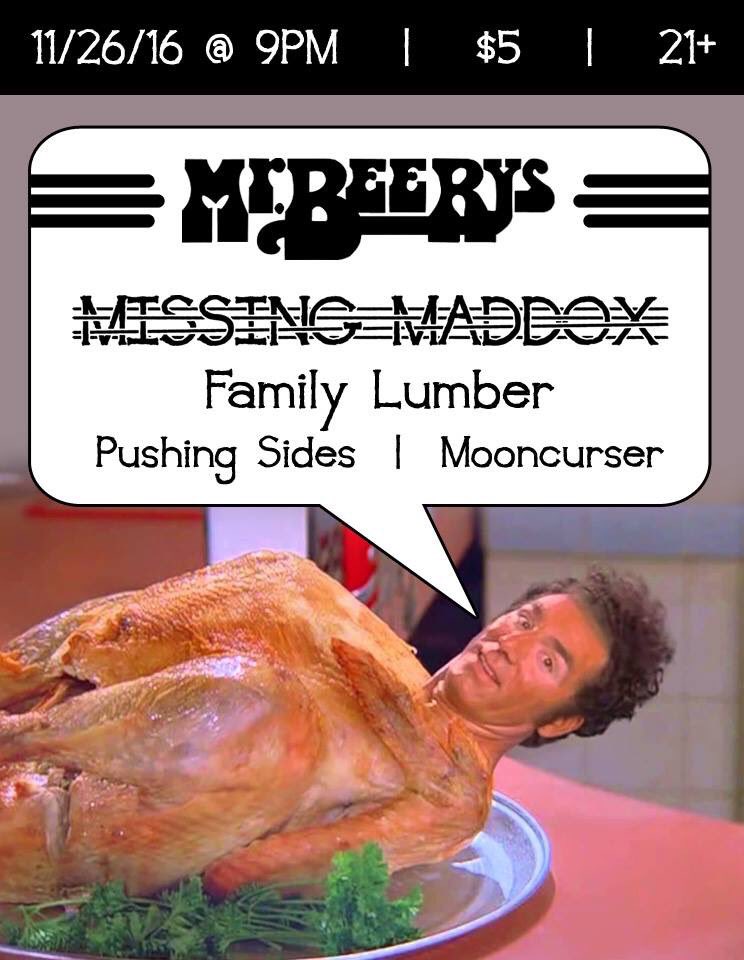 MissingMaddox's tweet photo. On 11/26 we make our return to our home away from home, Mr Beerys, for a night of great music, and awesome people. Come on down and join us! https://t.co/aNrnZ45b6J