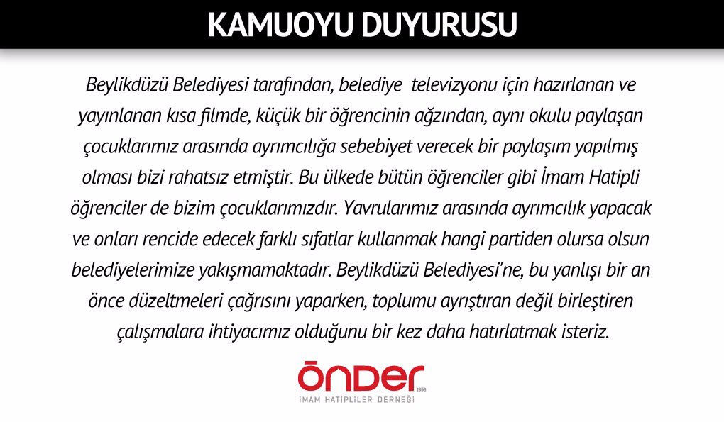onderihl's tweet photo. Beylikdüzü Belediyesi'nin paylaştığı, İmam Hatiplileri hedef alan video hakkındaki kamuoyu duyurumuz: https://t.co/aHzsmCGgcf