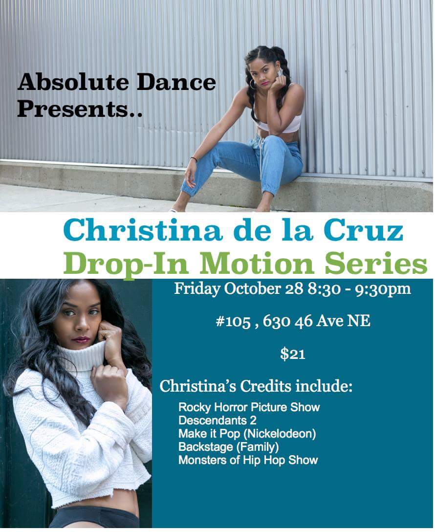 absolute_dance's tweet photo. Join us & Christina de la Cruz on Friday Oct 28th #hiphop 8:30-9:30pm as part of our October DROP IN motion series #yycdance #dancecalgary https://t.co/tlO0HRoi2l