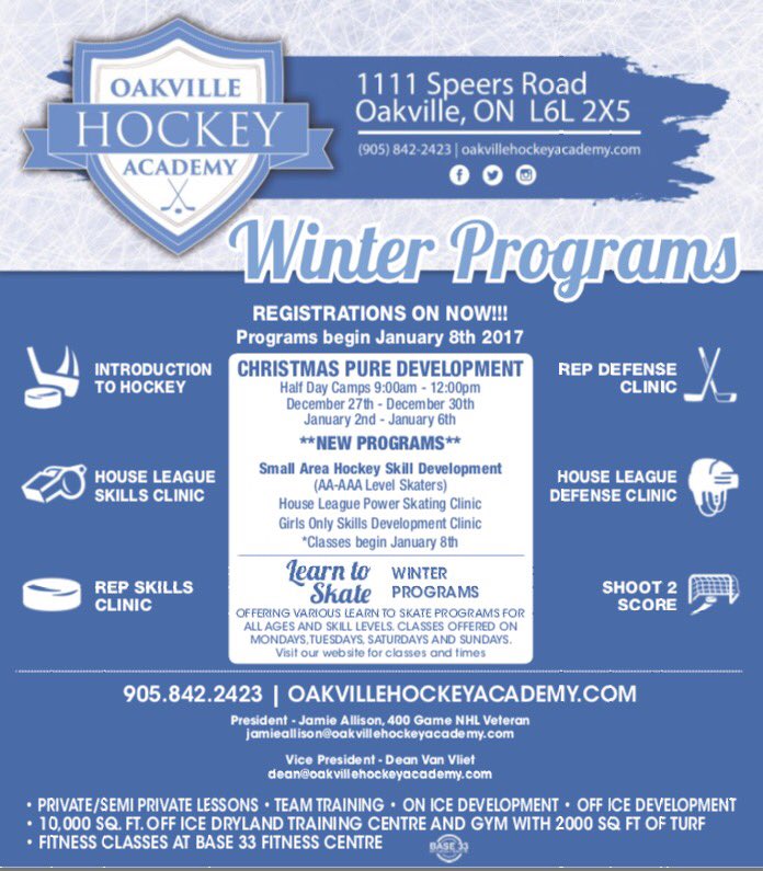 WINTER PROGRAMS ARE NOW OPEN FOR REGISTRATION! Check us out in today's #OakvilleBeaver #OakvilleHockeyAcademy #Oakville #HockeyDevelopment