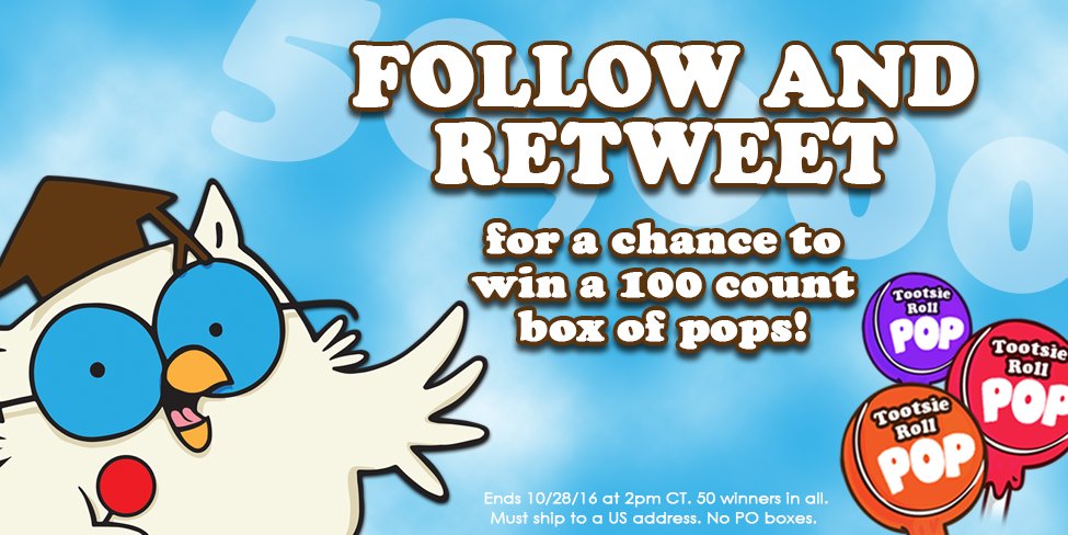 MrOwl's tweet photo. We've reached 50,000 followers! To celebrate, 50 lucky winners will receive a 100 count box of Tootsie Pops! #FOLLOW and #RETWEET to enter! https://t.co/i8y370V67Z