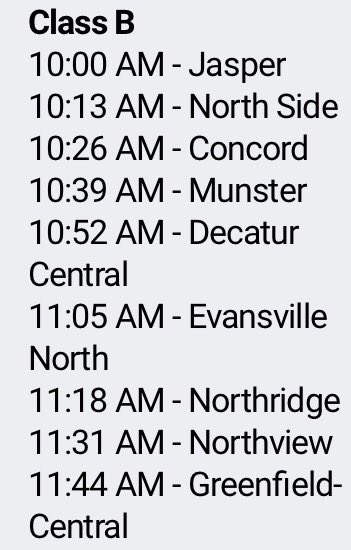 Here's the Class B schedule for STATE FINALS: