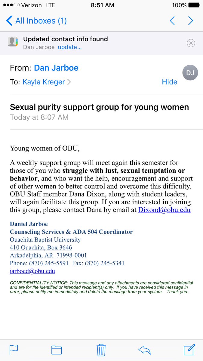 Kayla_Kreger's tweet photo. Apparently only the women of OBU struggle with sexual impurity. I wish more men would step up and teach us their pure ways. #ItTakesTwo https://t.co/v3LsLvq4nR