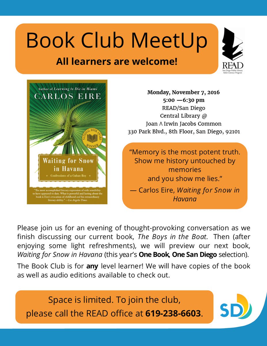 READSanDiego's tweet image. Our next Book Club Meetup is Monday Nov. 7th! This is the 10th  anniversary @OneBookSD selection by Carlos Eire #onebookonesandiego #obosd