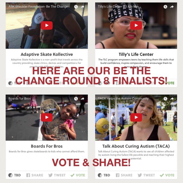 SheckFoundation's tweet photo. Our #BeTheChange round 8 finalists are @AdaptiveSkate @TillysLC @BoardsForBros @TACAfoundation #Vote daily &amp; #Share ! https://t.co/aJOtWEcNM6