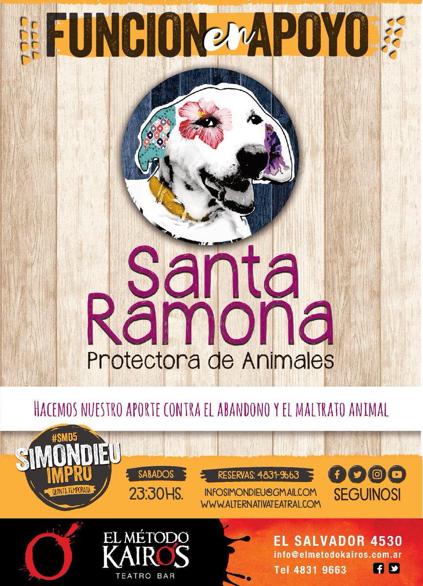 SIMONDIEU's tweet photo. Función en apoyo a @santaramonapro1 Venite, y ayudá a muchísimos pichichos.
Recibimos tu donación#Ultimas4Funciones #SMD5 - Sábados 23:30hs. https://t.co/D7JaJXvcq3