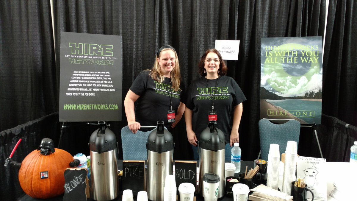 HireNetworks's tweet photo. At Day 2 of #ATO2016? Come visit @Kendra_Andrews & @RoseRecruiter at our booth! Hint: it's the one with #DarthPumpkin #HiretheOne https://t.co/MJeXJGMPPj