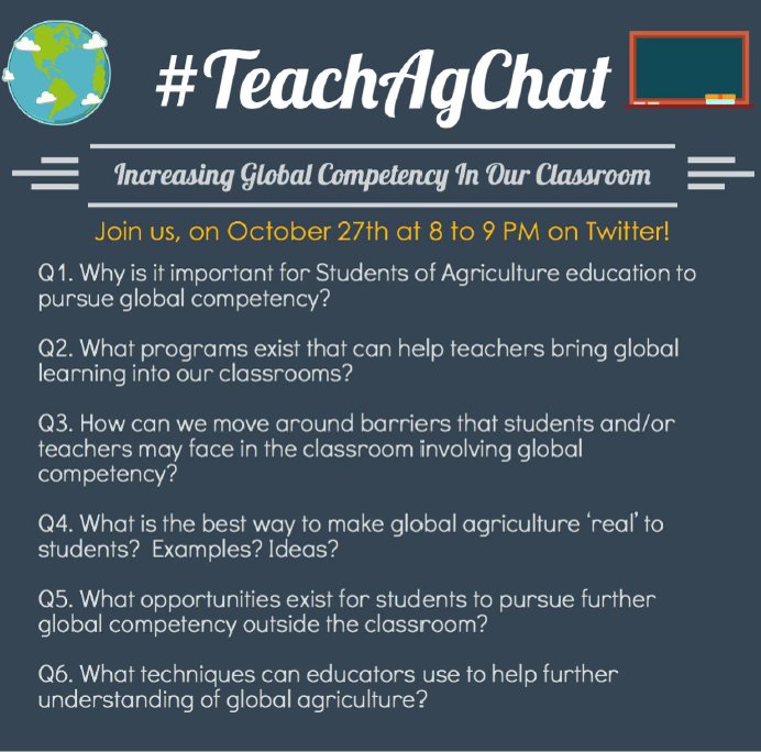 In 1 hr, @TeachAgPSU #psuaged17 will host #TeachAgChat on the Increasing Global Competency In Our Classroom https://t.co/ymj4sXjOhM