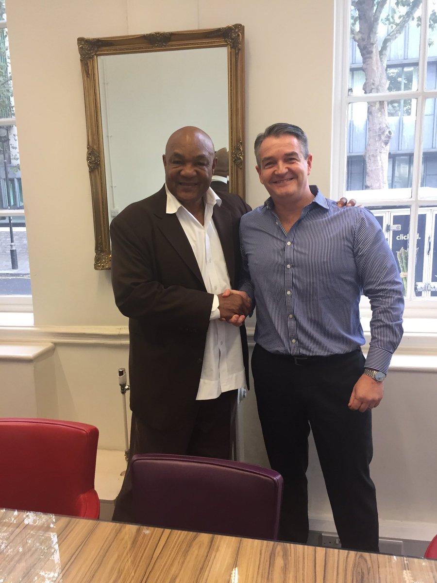 EwingLaw1's tweet photo. Legendary 2x#WorldHeavyweightChampion @GeorgeForeman visits the office to shoot the breeze with @EwingLaw1 principle #ScottEwing. https://t.co/1SAT2mPxQn
