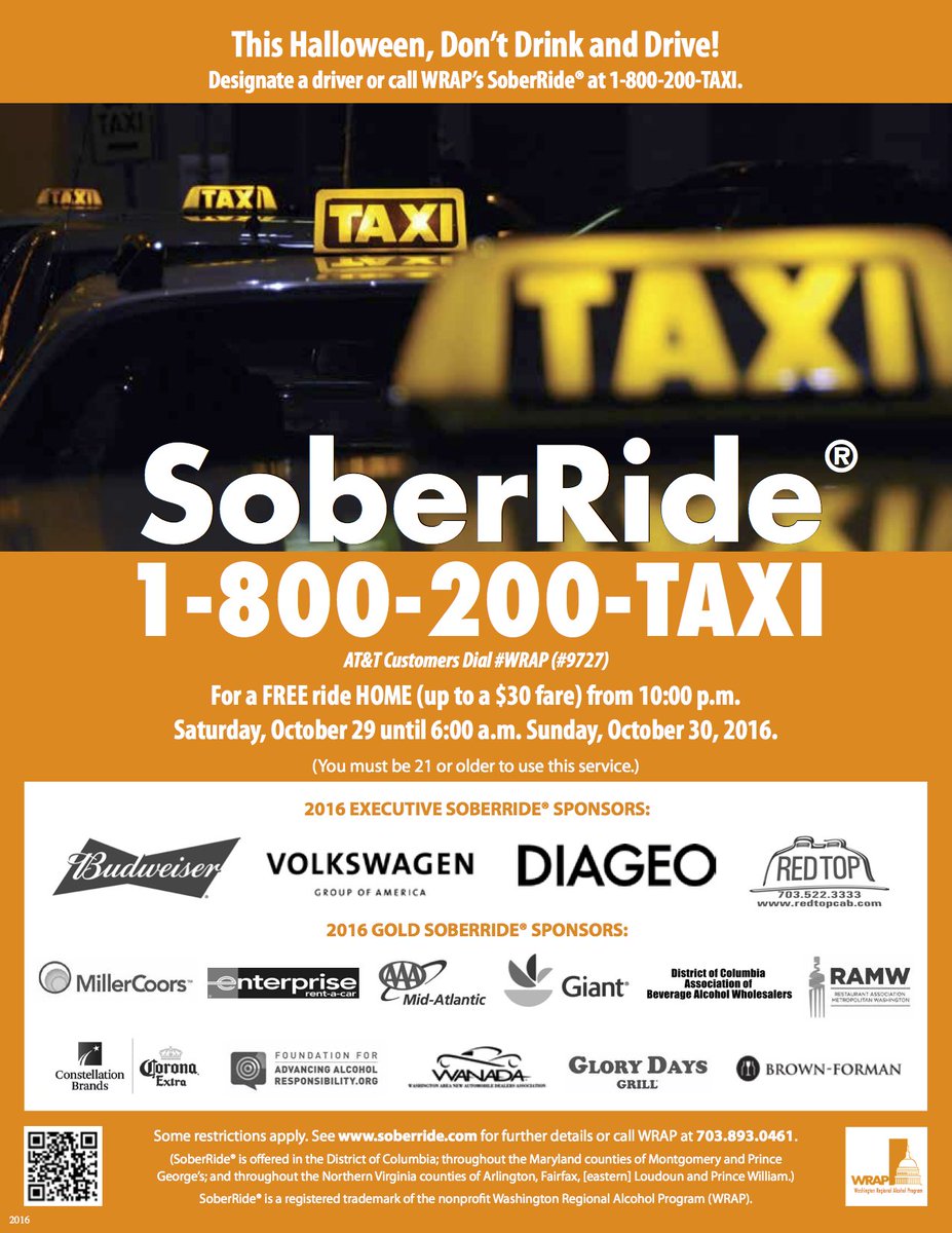MDBeautifulRide's tweet photo. Going out in #DMV this Halloweekend? Call 1-800-200-TAXI for a FREE ride HOME (up to a $30 fare). 10 PM Sat 10/29 — 6 AM Sun 10/30 https://t.co/9RTef5zGgW