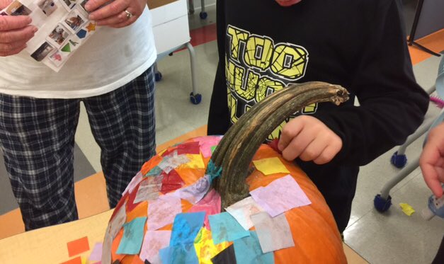 MrsKjar's tweet photo. Working hard on our book character pumpkin, Elmer, for Family Literacy Night tonight! #morrisjays https://t.co/EdzsbAwbkD