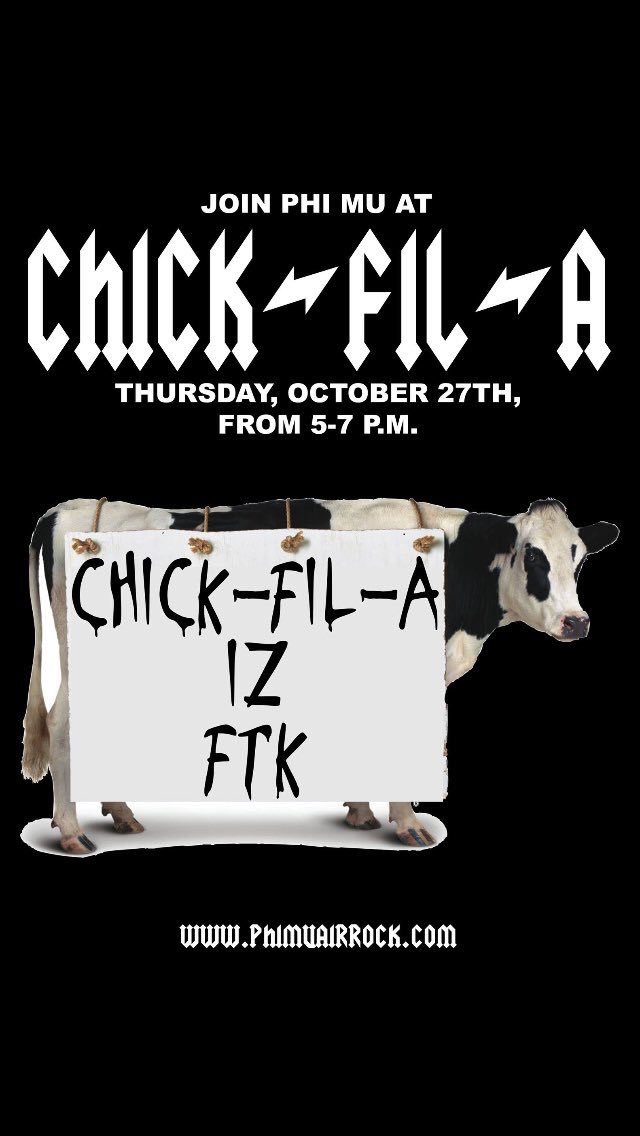 PhiMuAirRock's tweet photo. Just a reminder about our benefit night at Chick-Fil-A tonight!!! Roll out and get some points before all night pomp!! FTK!! https://t.co/kDSLE8enaT