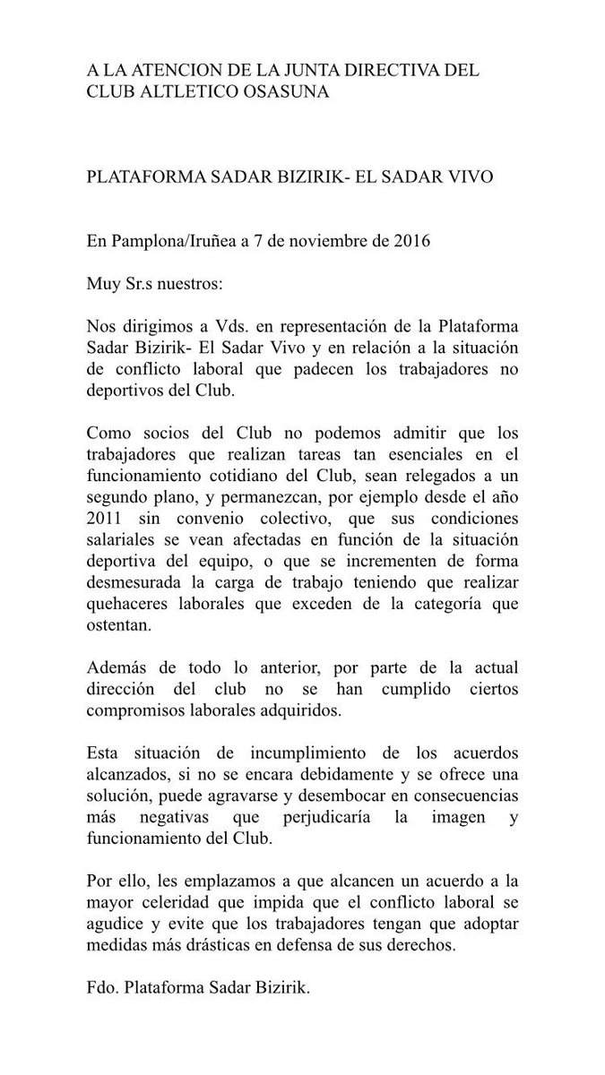 Sadar Bizirik instó a la Junta Directiva a solucionar el problema del convenio de los trabajadores. Es cuestión de querer.