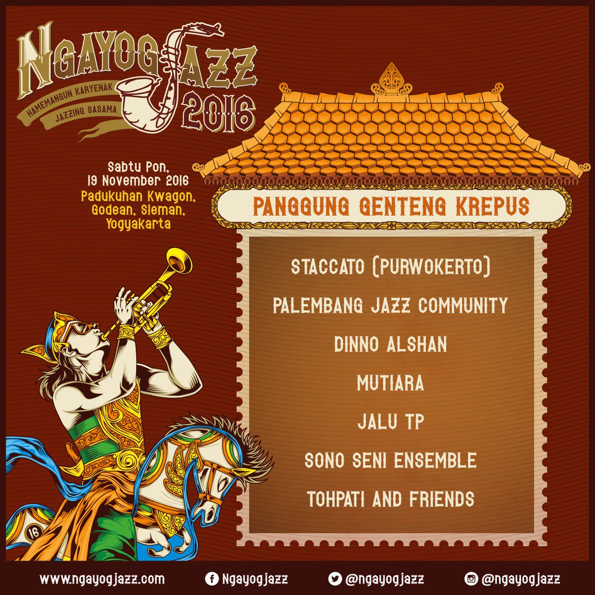 Daftar lengkap #penampilngayogjazz2016 di Panggung Genteng Krepus. #Ngayogjazz2016