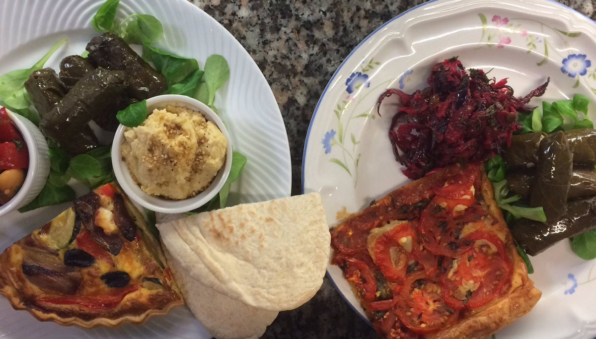 Lunch today at the deli 📸 roasted vegetable &amp; feta quiche, and a goats #cheese and tomato tart, both with a #homemade #salad selection! #yum