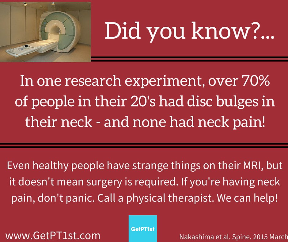 GetPT1st's tweet image. Did you know that people without neck pain have abnormal things on their MRI? Got neck pain? Call a PT! #GetPT1st