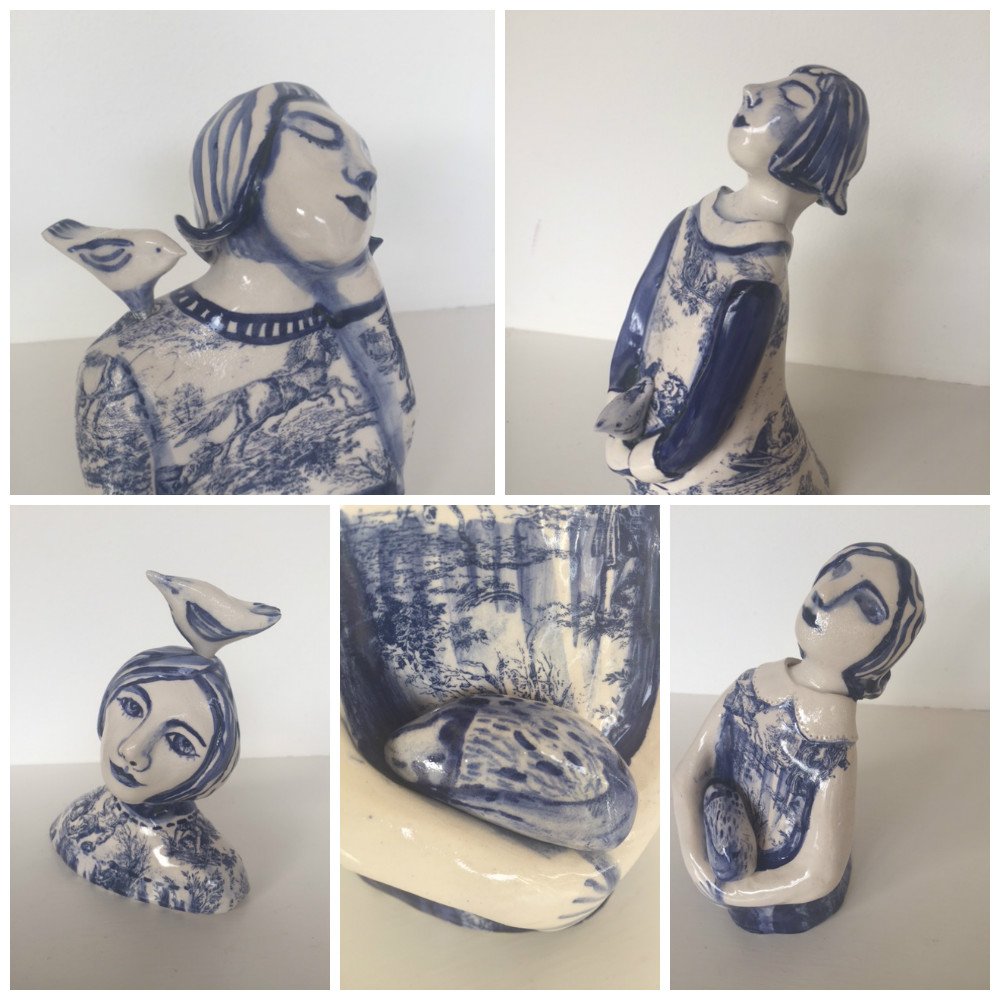 Chuffed to new Girls by <a href="/PaulineCumming2/">Pauline Cumming</a> in! #Earthenware with delft blue #glaze &amp; #ceramic decals. And yes, that is a wee #cat in her arms.