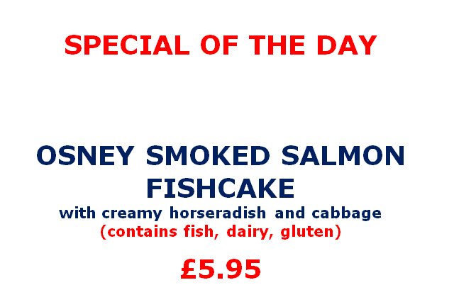 AldenFishmarket's tweet photo. #Fish4Lunch special using our own #OsneySmokedSalmon. #Fridayfeeling always means #fishandchips for ยฃ4.50. #Bargain! https://t.co/zAQ5nFwncM