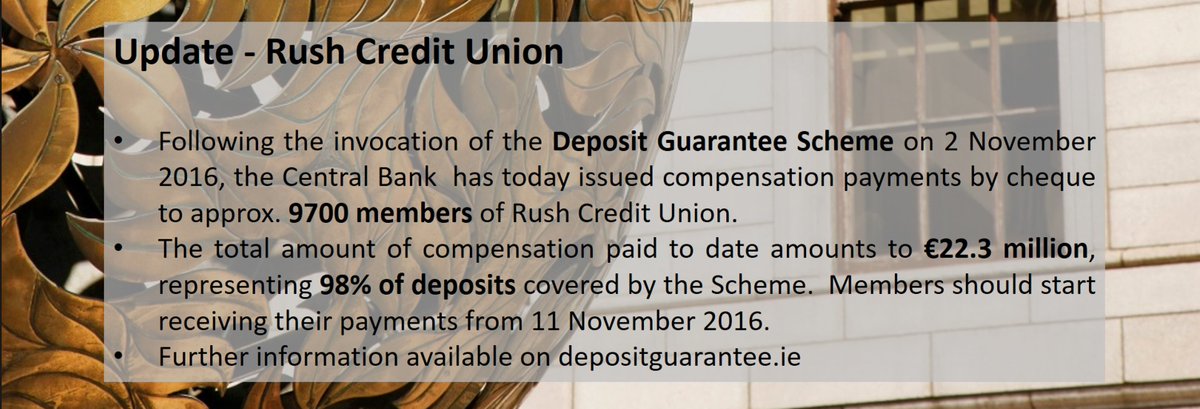 9700 members of Rush. The total amount of compensation paid to date amounts to 22.3 million, representing 98% of deposits covered by the Joint Liquidators appointed to Rush Credit Union - Central