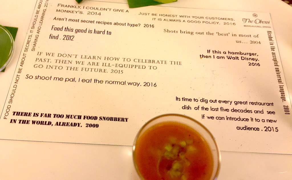 virsanghvi's tweet photo. So so cool and blush-inducing!The @oberoibengaluru chooses favourite phrases from Rude Food for my welcome amenity! https://t.co/4fjdbTv8UK