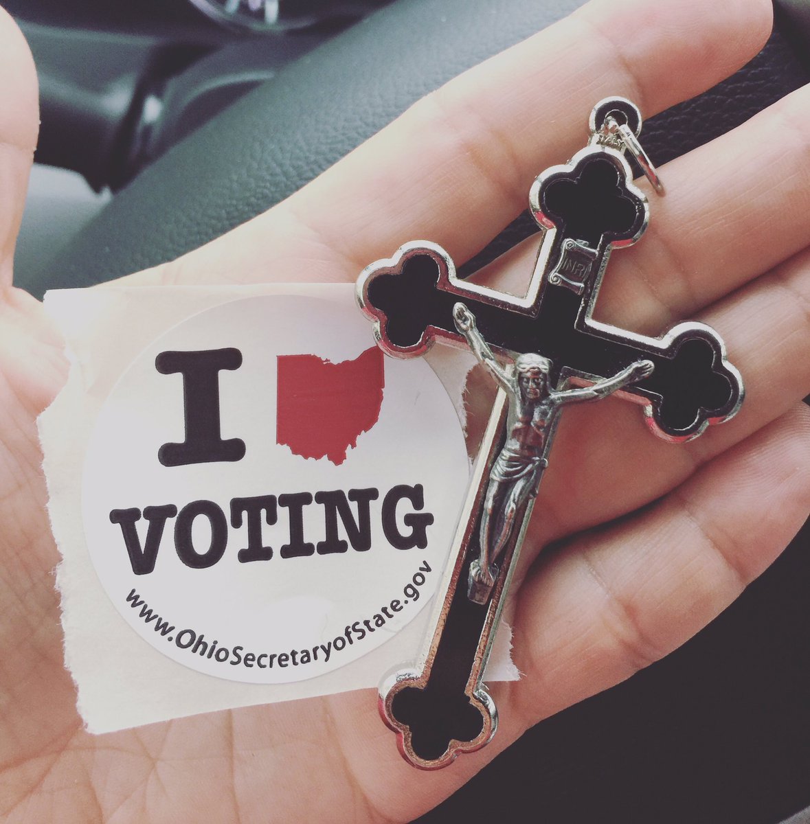 I voted with my right hand while holding my cross in my left hand <a href="/realDonaldTrump/">Donald J. Trump</a> #Vote2016