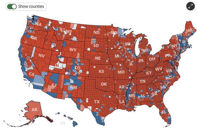 日本人が知ってるアメリカとは クリントン氏が勝利した地域の部分と